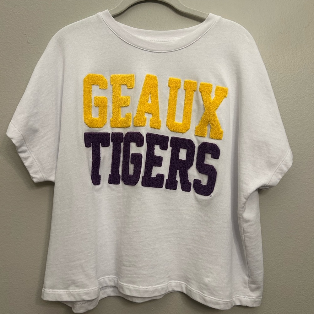 Stewart Simmons White Boxy Crop Tee Geaux Tigers  Yellow & Purple Medium